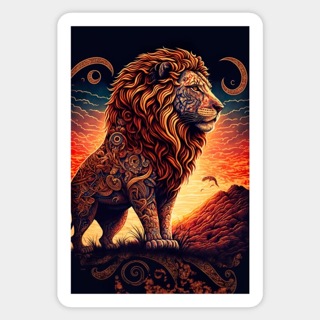 Lion and Mountain Sunset Scene Sticker by GozuDesigns